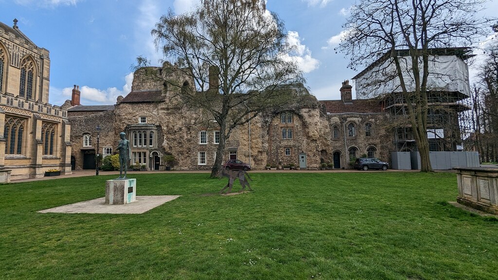 The western façade of Bury St Edmund's Abbey ruins, with the cathedral tower behind, ten minutes' walk from Collingwood House.
