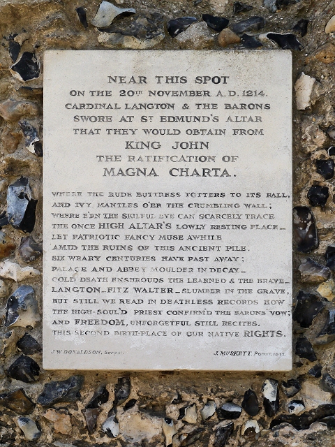 The 1849 stone tablet on the ruined pier of the Abbey Church of St Edmund, Bury St Edmunds, commemorating the 20 November 1214 oath sworn by Cardinal Langton and the Barons at St Edmund's altar to obtain from King John the ratification of Magna Charta.